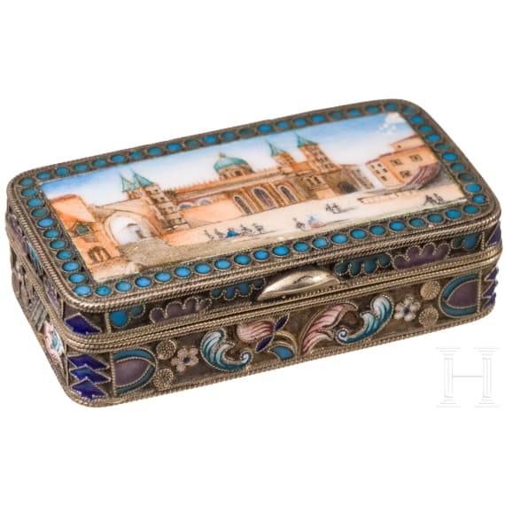 Cloisonn&eacute;-Email-Schnupftabakdose, Russland, gestempelt Moskau, 20. Artel, 1908-1917