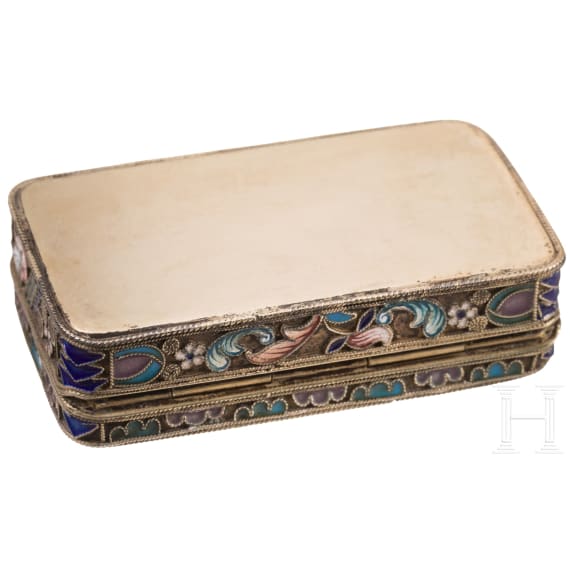 Cloisonn&eacute;-Email-Schnupftabakdose, Russland, gestempelt Moskau, 20. Artel, 1908-1917