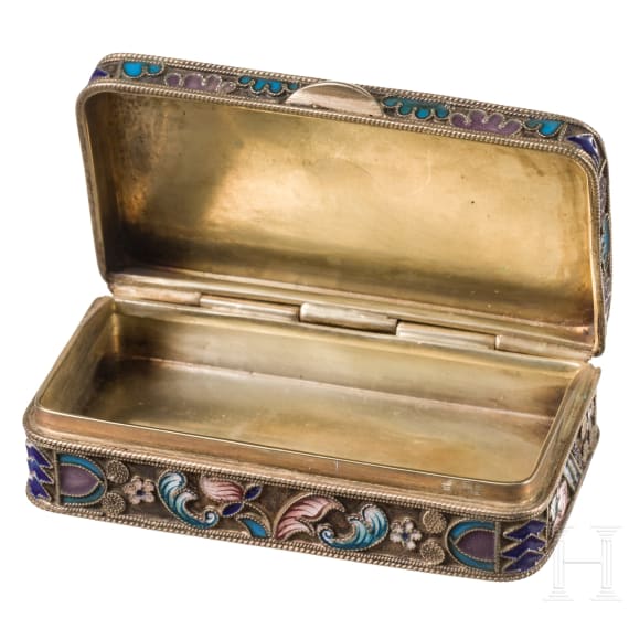 Cloisonn&eacute;-Email-Schnupftabakdose, Russland, gestempelt Moskau, 20. Artel, 1908-1917