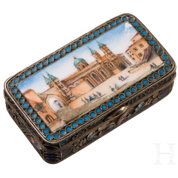 Cloisonn&eacute;-Email-Schnupftabakdose, Russland, gestempelt Moskau, 20. Artel, 1908-1917