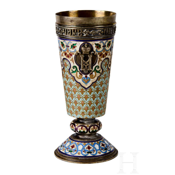 Cloisonn&eacute;-Email-Becher mit Monogramm Nikolaus II. und Doppeladler, gestempelt St. Petersburg, Gratschew Br&uuml;der, um 1890