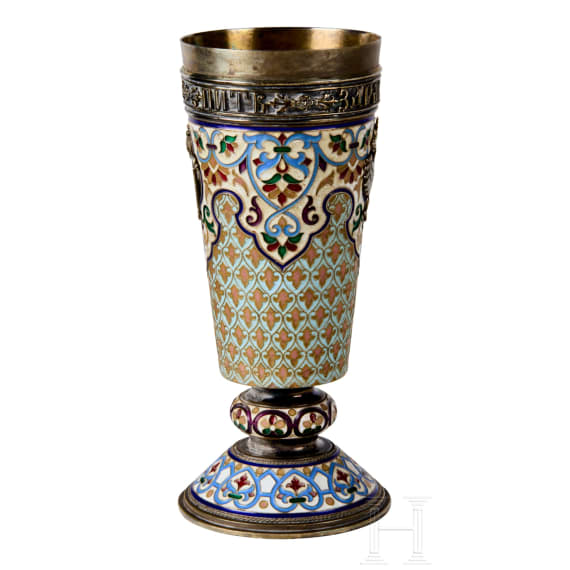 Cloisonn&eacute;-Email-Becher mit Monogramm Nikolaus II. und Doppeladler, gestempelt St. Petersburg, Gratschew Br&uuml;der, um 1890