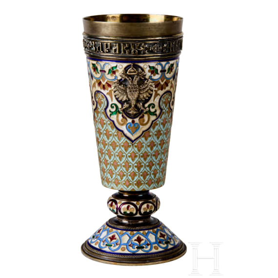 Cloisonn&eacute;-Email-Becher mit Monogramm Nikolaus II. und Doppeladler, gestempelt St. Petersburg, Gratschew Br&uuml;der, um 1890