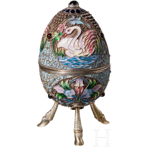 Cloisonn&eacute;-Email-Ei mit Schw&auml;nen, Russland, 2. H&auml;lfte des 20. Jhdts.