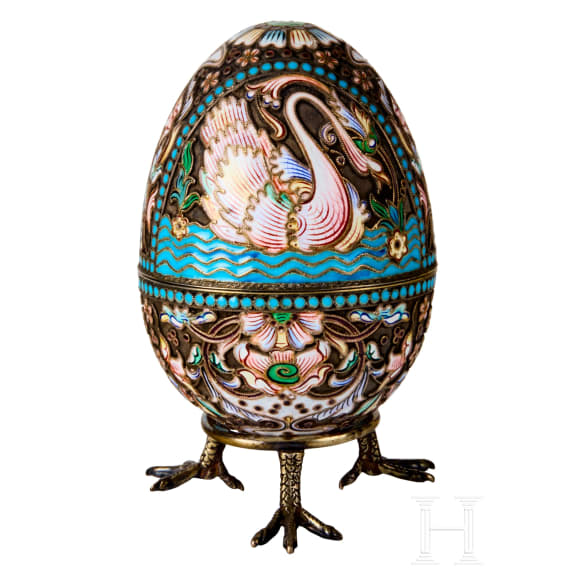 Cloisonn&eacute;-Ei mit Schw&auml;nen, Russland, 2. H&auml;lfte des 20. Jhdts.