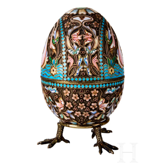 Cloisonn&eacute;-Ei mit Schw&auml;nen, Russland, 2. H&auml;lfte des 20. Jhdts.