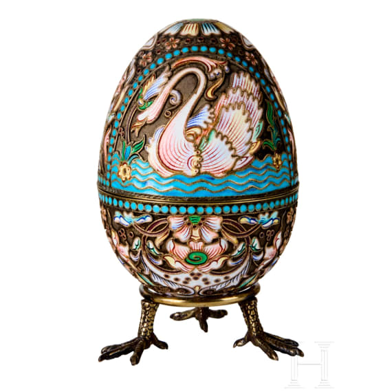 Cloisonn&eacute;-Ei mit Schw&auml;nen, Russland, 2. H&auml;lfte des 20. Jhdts.