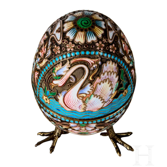 Cloisonn&eacute;-Ei mit Schw&auml;nen, Russland, 2. H&auml;lfte des 20. Jhdts.