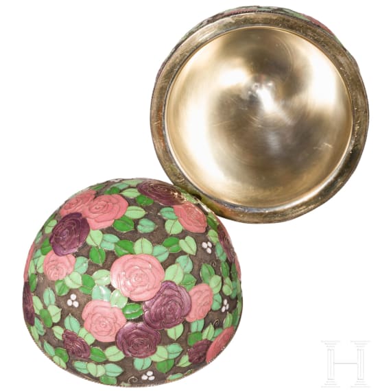 Gro&szlig;es Cloisonn&eacute;-Email-Ei mit Rosen und St&auml;nder, Russland, 2. H&auml;lfte des 20. Jhdts.