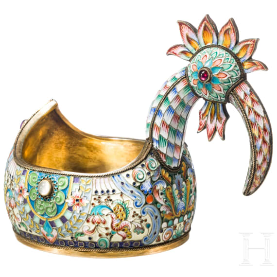 Cloisonn&eacute;-Email-Kowsch in Form eines Vogels, Russland, 2. H&auml;lfte des 20. Jhdts.