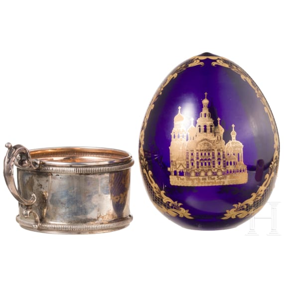 Glas-Ei mit St. Petersburger Ansichten und Teeglashalter, Russland (Ei) / Deutschland Bremen, Wilhelm Binder (Glashalter)