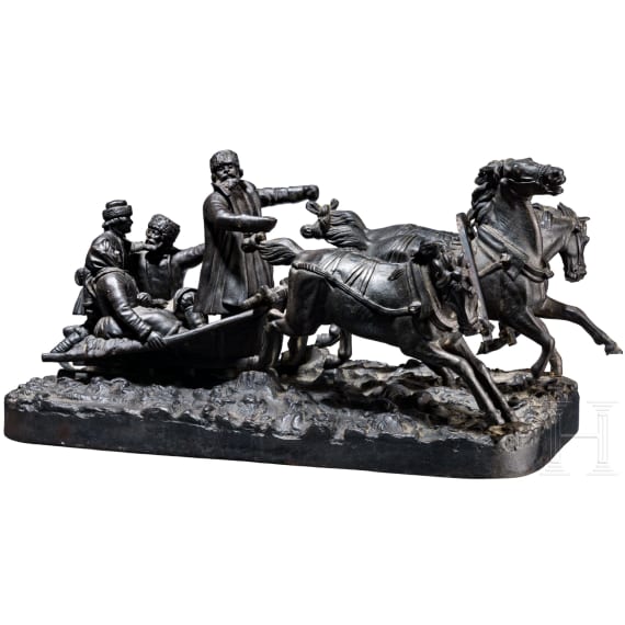 Gro&szlig;e Troika-Figurengruppe, Gusseisenskulptur, Russland, Eisenwerke Kasli, datiert 1900