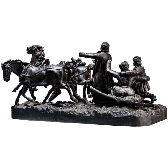 Gro&szlig;e Troika-Figurengruppe, Gusseisenskulptur, Russland, Eisenwerke Kasli, datiert 1900