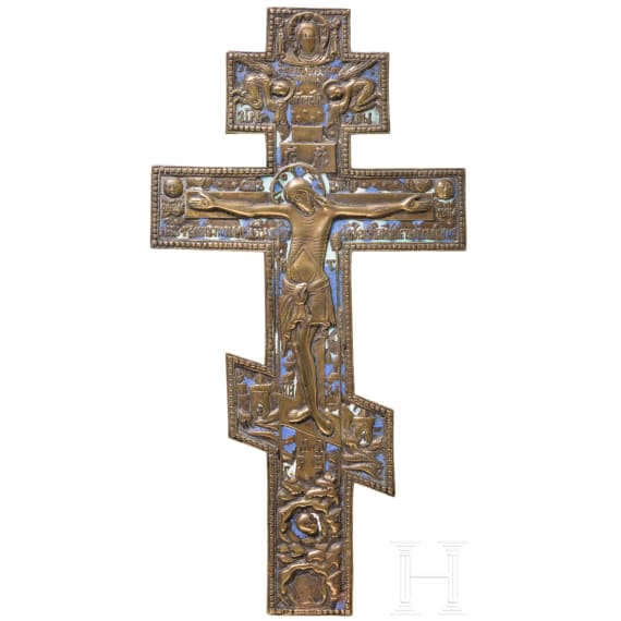 Gro&szlig;es, emailliertes Bronzekruzifix, Russland, um 1900