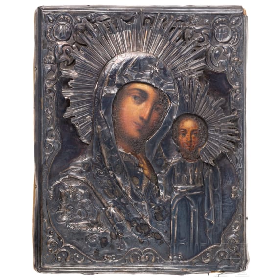 Ikone mit der Gottesmutter von Kasan mit Silberoklad, Russland, 19. Jhdt. (Ikone), Moskau, Wasili Semenow, 1855 (Oklad)