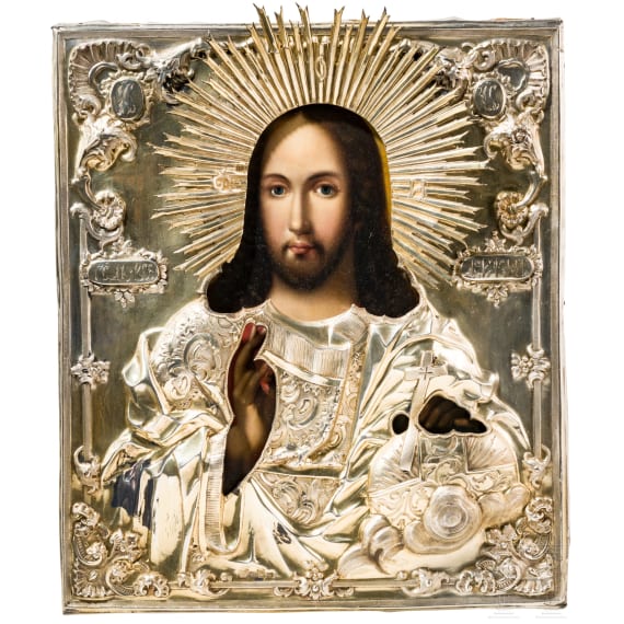Ikone Christus als Weltenherrscher mit Silberoklad. Russland, 19. Jhdt. (Ikone), Moskau, 1852 (Oklad)