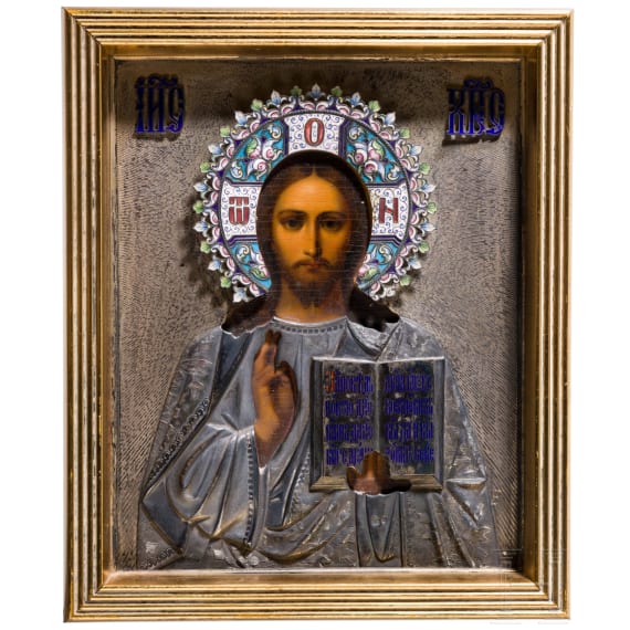 Ikone mit dem Christus Pantokrator mit Cloisonn&eacute;-Email-Oklad, Russland, um 1900 (Ikone), Moskau, 10. Artel, 1908 -1917 (Oklad)