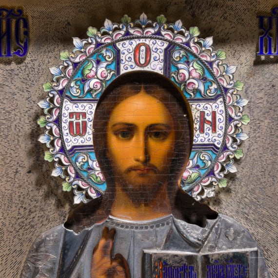 Ikone mit dem Christus Pantokrator mit Cloisonn&eacute;-Email-Oklad, Russland, um 1900 (Ikone), Moskau, 10. Artel, 1908 -1917 (Oklad)