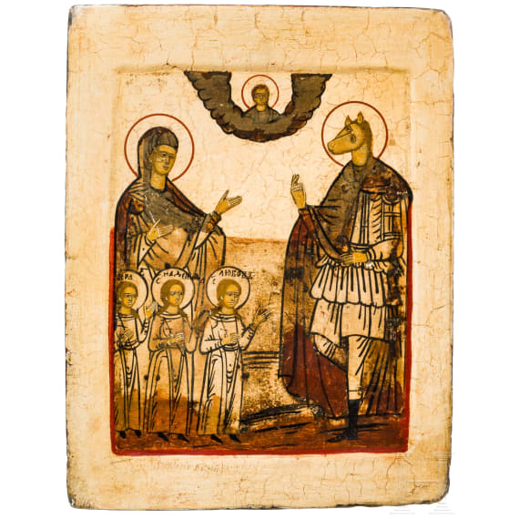 Seltene Ikone mit der Heiligen Sophia mit ihrem T&ouml;chtern und dem Heiligen Christophorus Kynokephalos, Russland, 19. Jhdt.