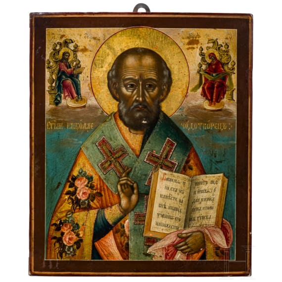 Fein gemalte Ikone mit dem Heiligen Nikolaus von Myra, Russland, 2. H&auml;lfte des 19. Jhdt.