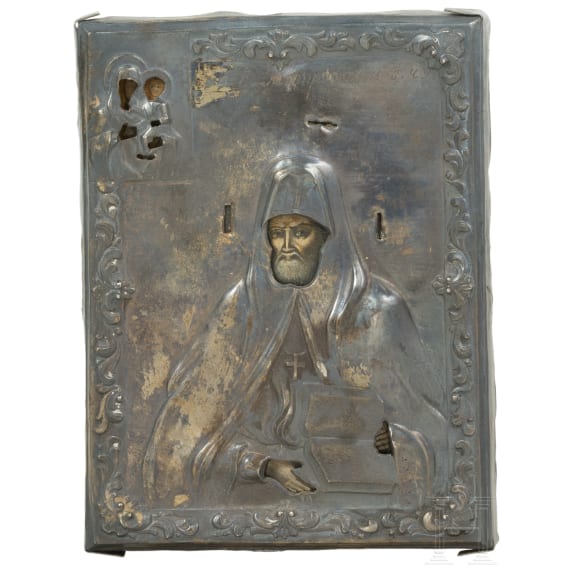 Kleine Ikone mit dem Heiligen Mitrofan von Woronesch mit Silberoklad, Mitte 19. Jhdt. (Ikone), Tula, 1844 (Oklad)