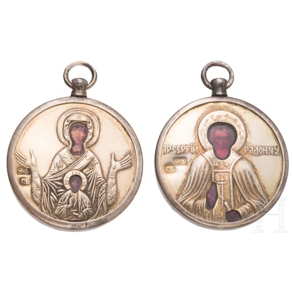 Zwei Miniaturikonen mit der Gottesmutter des Zeichens und dem Heiligen Sergej von Radonesch mit Silberoklad, Russland, St. Petersburg, G. Butenklonner, um 1890
