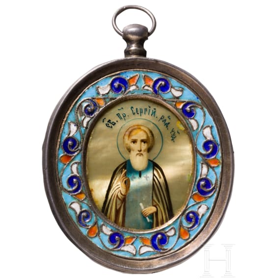 Kleine Ikone mit Sergej von Radonesch mit Cloisonn&eacute;-Email-Basma, Russland, Moskau, 1908-1917