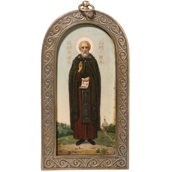 Fein gemalte Ikone mit dem Heiligen Sergej von Radonesch mit Silberbasma, Russland, um 1900 (Ikone), Moskau, Dmitri Lukitsch Smirnow, 1908 - 1917 (Basma)