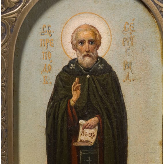 Fein gemalte Ikone mit dem Heiligen Sergej von Radonesch mit Silberbasma, Russland, um 1900 (Ikone), Moskau, Dmitri Lukitsch Smirnow, 1908 - 1917 (Basma)