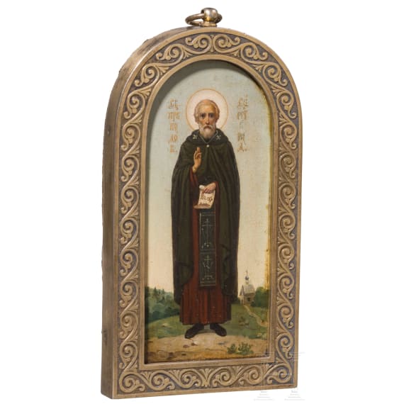 Fein gemalte Ikone mit dem Heiligen Sergej von Radonesch mit Silberbasma, Russland, um 1900 (Ikone), Moskau, Dmitri Lukitsch Smirnow, 1908 - 1917 (Basma)