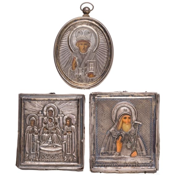 Drei Miniaturikonen mit Silberoklad, Russland, 1890- 19018