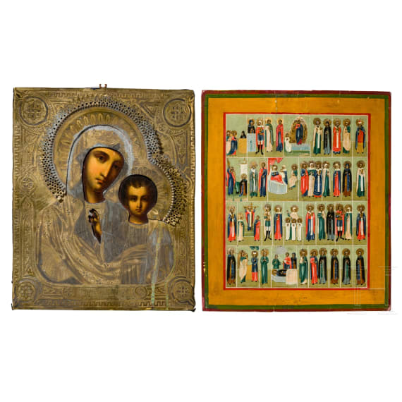 Two icons: the Kazanskaya Mother of God with oklad and menological icon, Russia, 19th century