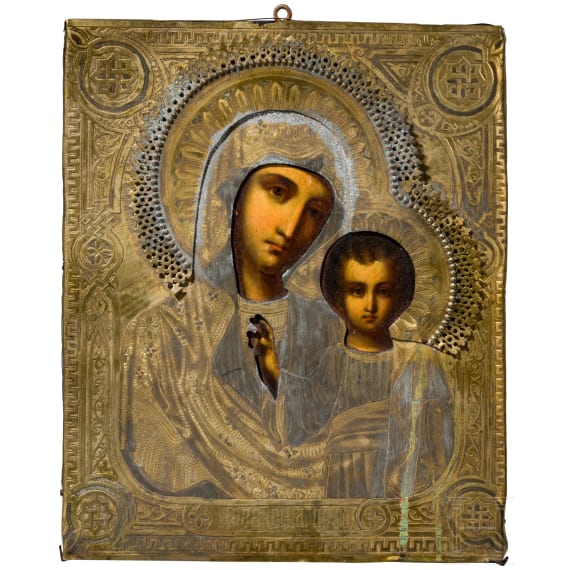 Two icons: the Kazanskaya Mother of God with oklad and menological icon, Russia, 19th century