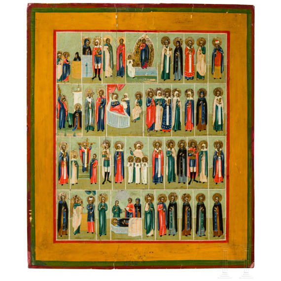 Two icons: the Kazanskaya Mother of God with oklad and menological icon, Russia, 19th century