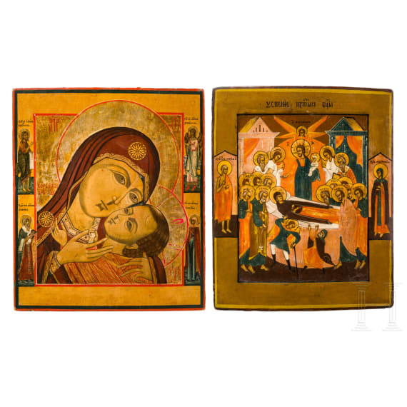 Two icons: The Korsunskaya Mother of God and the Dormition of the Mother of God, Russia, 19th century