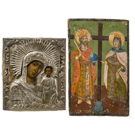 Two icons: the Kazanskaya Mother of God with oklad and Saints Constantine and Helena, Russia/Bulgaria, 19th century