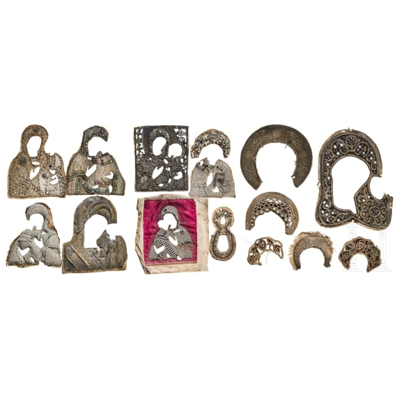Two pearl oklads, four pearl rizas and nine pieces from pearl oklads from different icons, mostly Mother of God, Russia, late 19th century