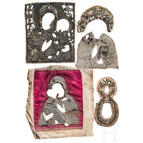 Two pearl oklads, four pearl rizas and nine pieces from pearl oklads from different icons, mostly Mother of God, Russia, late 19th century