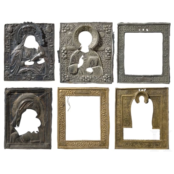 Six icon oklads (three silver), Russia, St. Petersburg, 1736 (one), Moscow (two), 19th century
