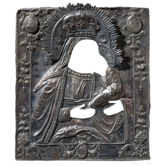 Six icon oklads (three silver), Russia, St. Petersburg, 1736 (one), Moscow (two), 19th century
