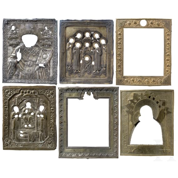 Six icon oklads (two silver), 19th century - 1918