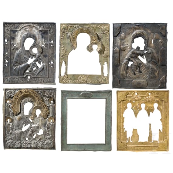 Sechs Ikonen-Oklade (drei Silber), Russland, 19. Jhdt.