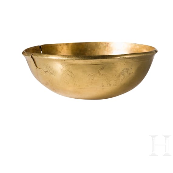 Verzierte altorientalische Goldschale mit Elementen neubabylonischer und neuassyrischer Kunst, Kultgef&auml;&szlig; eines K&ouml;nigshofes, 1. H&auml;lfte 6. Jhdt. v. Chr.