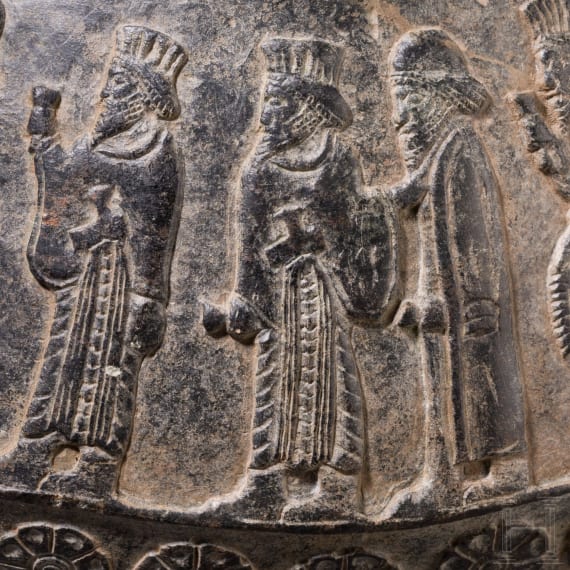 An Achaemenid Chlorite vessel with figurative frieze, 5th century B.C.