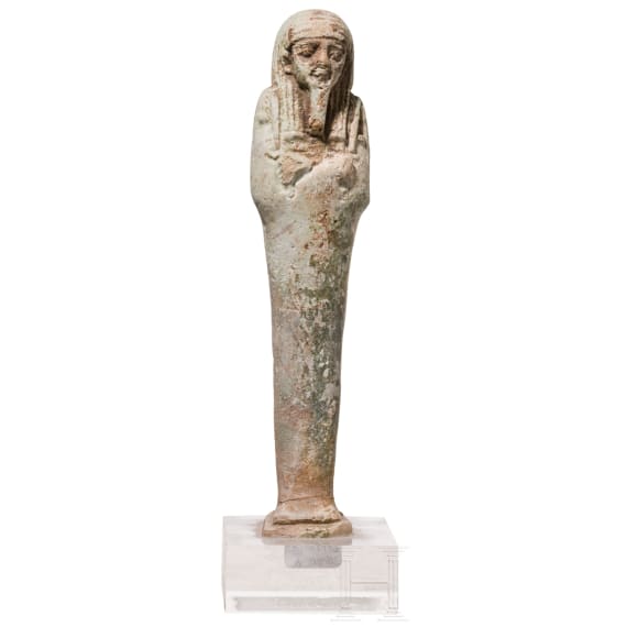Ushabti made of green faience with hieroglyphic inscription on the reverse, Late Period, mid-1st millennium B.C.