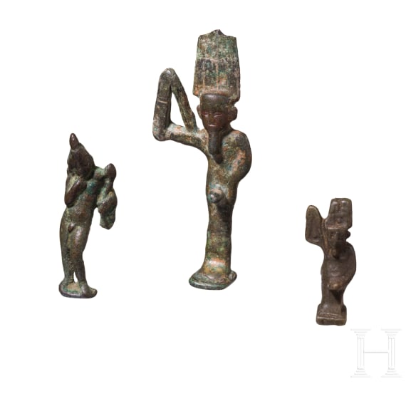 Three small ancient Egyptian figurines, amulets of bronze and fayence from the Late Period and the Hellenistic period, mid-1st millennium B.C. &ndash; 1st century A.D.