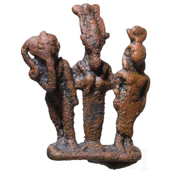 Large bronze amulet depicting the divine triad of Isis, Osiris and Harpocrates, Late Period, mid-1st millennium B.C.