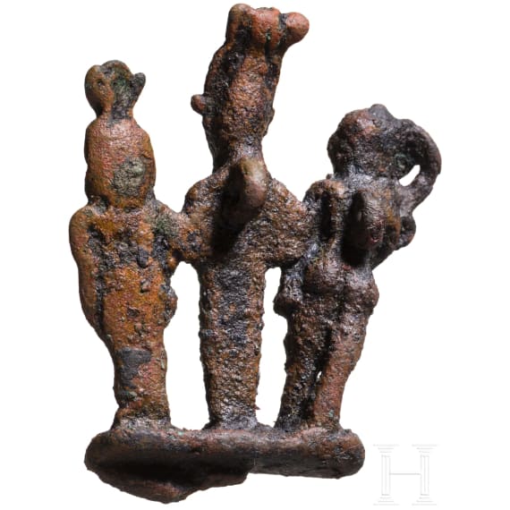 Large bronze amulet depicting the divine triad of Isis, Osiris and Harpocrates, Late Period, mid-1st millennium B.C.