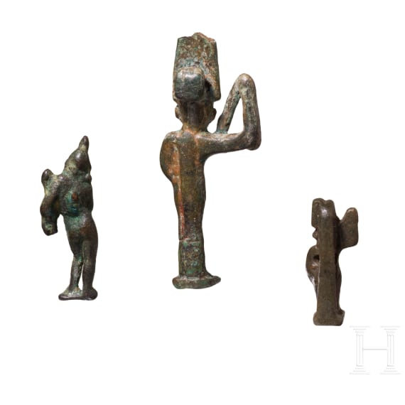 Three small ancient Egyptian figurines, amulets of bronze and fayence from the Late Period and the Hellenistic period, mid-1st millennium B.C. &ndash; 1st century A.D.