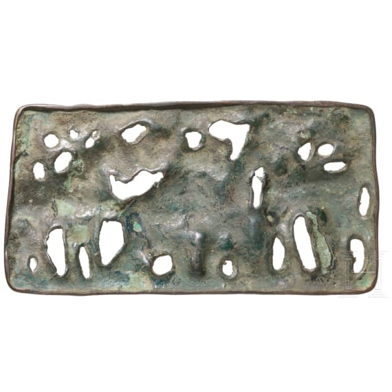 A rare nomadic horsemen&rsquo;s belt plaque from the Ordos region, depicting two wrestlers flanked by horses, Mongolia, 2nd&ndash;1st centuries B.C.